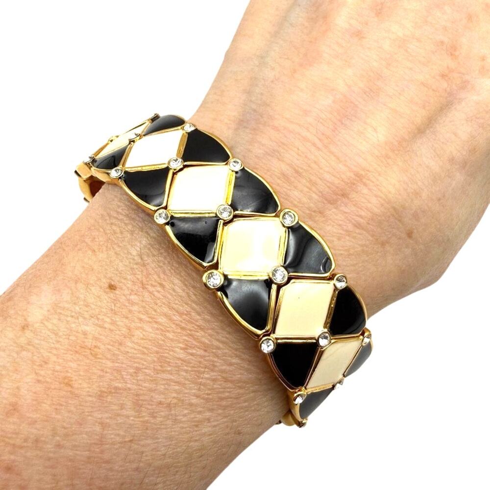 RARE Vtg JOAN RIVERS Enamel Bracelet Goldplate Crystal Harlequin Black Cream New